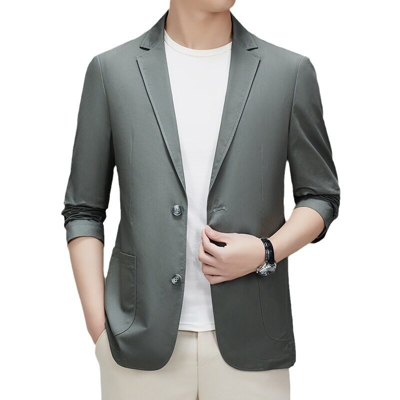 Áo vest nam cotton dáng ôm vừa vặn, cổ vest một hàng hai nút, tay dài, phong cách Hàn Quốc — Màu be, Màu xanh lam, Xanh lục Xám