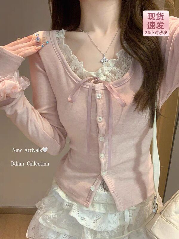 Customizable Korean-Style Fake Two-Piece Pink Lace Patchwork Long-Sleeve T-Shirt for Women, Sweet Autumn Style Base Shirt Top Customizable Korean-Style Fake Two-Piece Pink Lace Patchwork Long-Sleeve T-Shirt for Women, Sweet Autumn Style Base Shirt Top