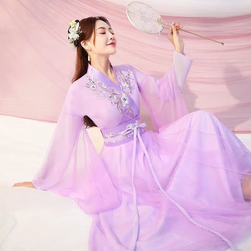 古装女改良汉服超仙气飘逸中古风舞蹈演出服装交领齐腰长裙全套