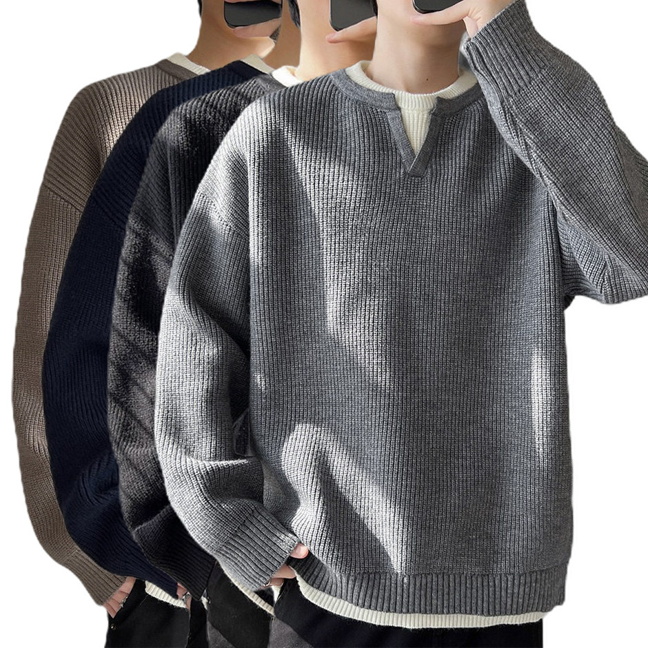 Explosiones transfronterizas de tamaño grande europeo falso dos piezas de costura camiseta de punto suéter hombre cuello V viejo viento otoño invierno fábrica al por mayor