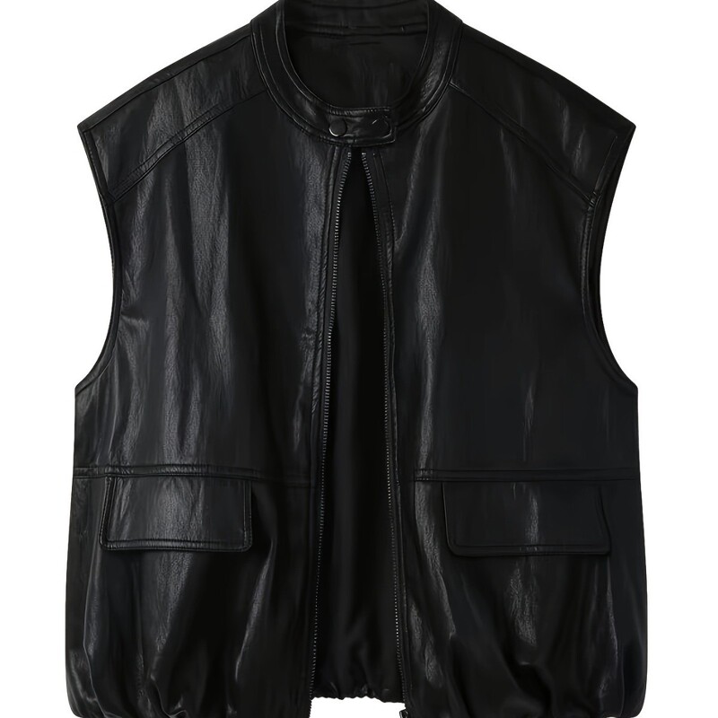 Cool and Stylish Round-Neck Loose-Fitting Slimming Leather Jacket for Women, Early Spring Black High-End Elegant Petite Jacket Vest Cool and Stylish Round-Neck Loose-Fitting Slimming Leather Jacket for Women, Early Spring Black High-End Elegant Petite Jacket Vest