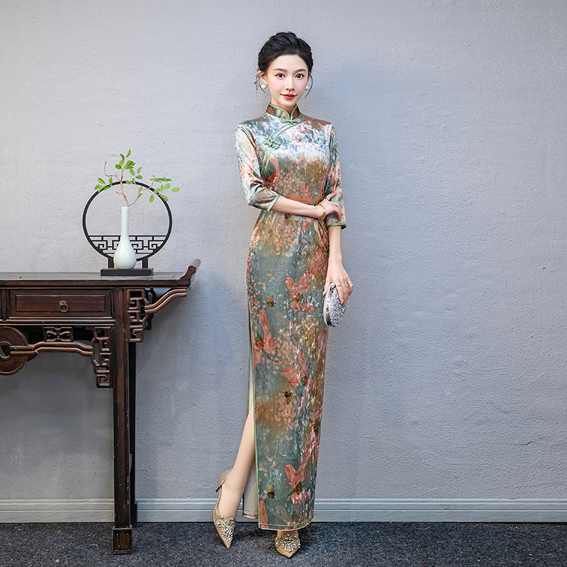 Chinese-style Cheongsam New Style Dame and Atmospheric Show Hanfu Seven-point Sleeve Long Slim-fit Performance Clothing dress plus size Chinese-style Cheongsam New Style Dame and Atmospheric Show Hanfu Seven-point Sleeve Long Slim-fit Performance Clothing dress plus size