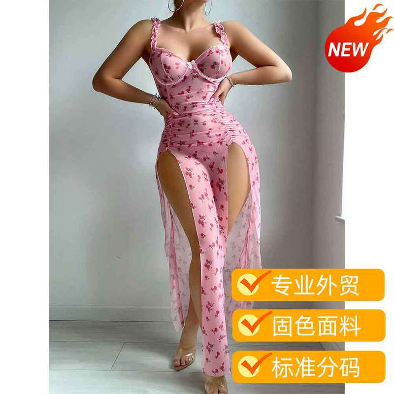 European and American Sexy Lingerie Floral Print Valentine's Day Long Skirt Temptation See-Through Sexy Slim Printed Dress