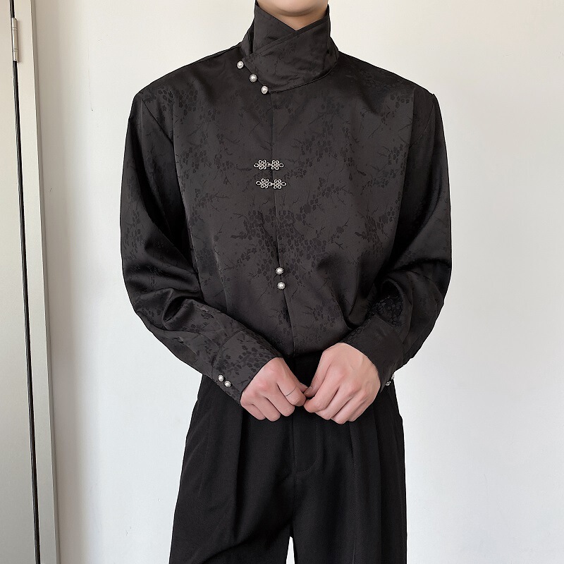 National Fashionable Chinese Style Metal Button Collar Long Sleeve Shirt for Men and Women Yuppie Satin Jacquard Loose Shirt for Couples