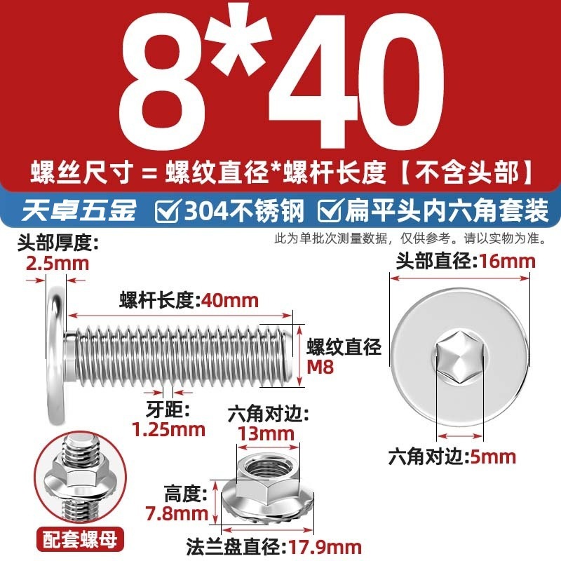 304不锈钢CM大平头超薄头C头扁平头内六角螺丝钉法兰边螺母套装M5|undefined