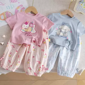Girls' 2026 Summer Cartoon Cat Print Set Princess Style Short Sleeve Anti-Mosquito Long Pants Two-Piece Set Comfortable and Casual