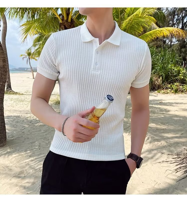Camicia in polp intrecciato a righe estive 2023 T-shirt in seta di ghiaccio Versatile tinta unita comoda manica corta - stampabile Tiktok_voghion.com