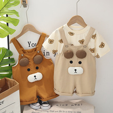 包邮Yikids婴儿童可爱夏季童装男女宝宝夏装卡通小熊背带短袖套装