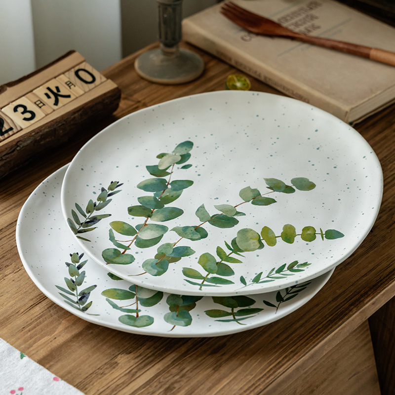 Retro pintado a mano hoja verde platos de cerámica domésticos de 10 pulgadas platos de cubierta platos de platos al por mayor platos de comedor