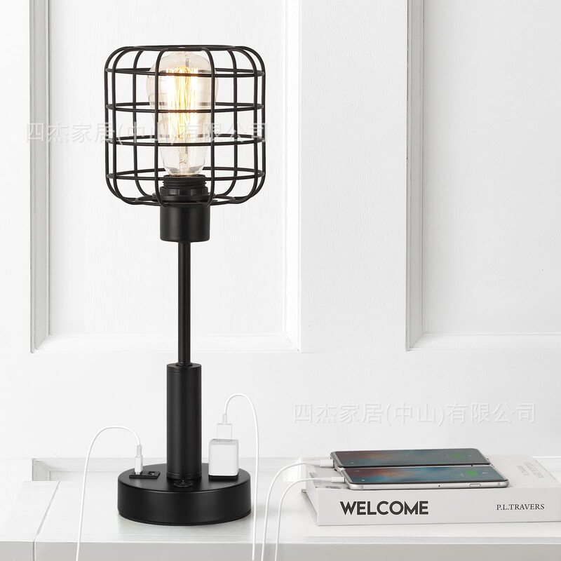 Table Lamp Industrial Lamp with Dual USB End Farmhouse Desk Lamp Metal Cage Amazon Table Lamp Black Vintage Bedside Table Light
