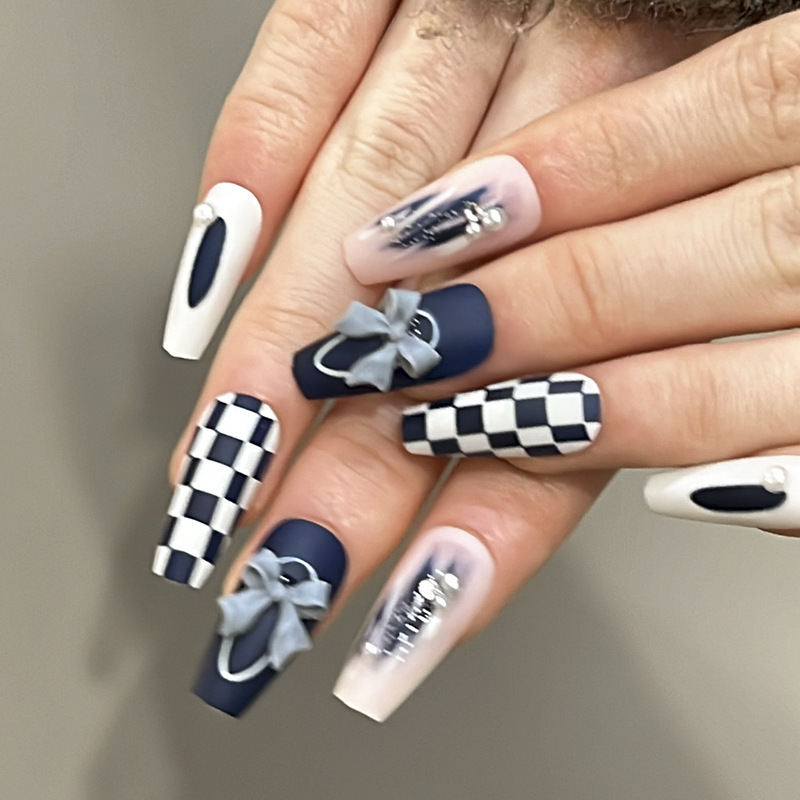 Checkerboard Stitching Wearable Nails Bow Pearl Blue Manicure Glitter Powder Removable Ballet Fake Nails