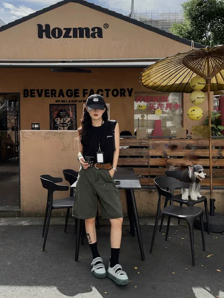 Army Green Loose Straight-Leg Workwear Denim Shorts for Women, New Summer Style, High-Waisted, Slimming, Versatile, Petite Five-Point Pants