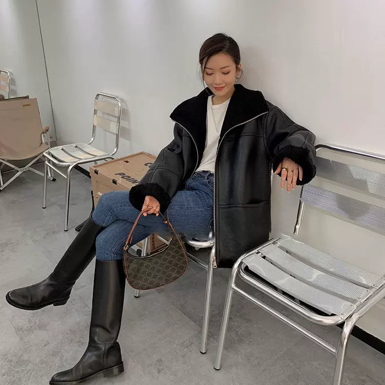 杨幂同款皮毛一体女羊羔毛皮草外套中长版OVERSIZE廓形皮草大衣