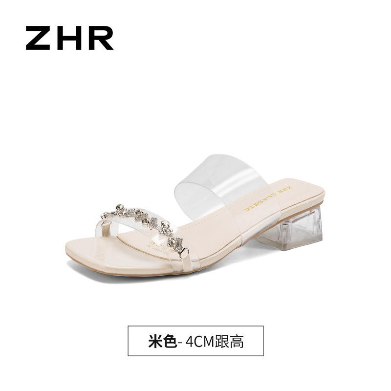 Sandal cao gót nữ đính đá quai ngang mũi hở đế mềm — KH55 Màu be