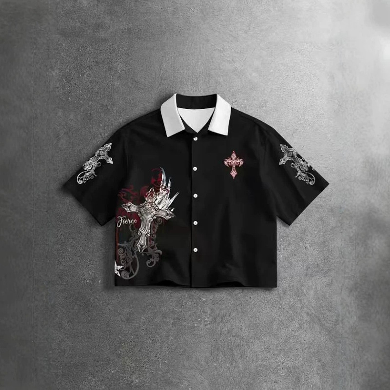 Men's Street Style Single-Breasted Cross Print Short Sleeve Casual Shirt Men's Street Style Single-Breasted Cross Print Short Sleeve Casual Shirt