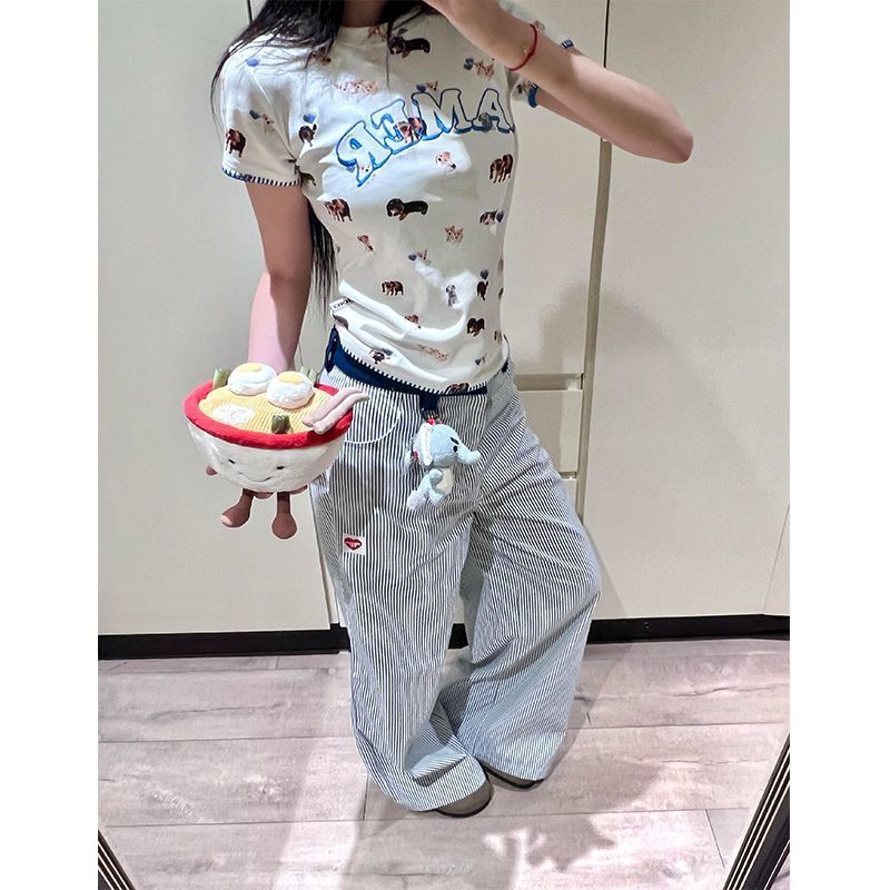 美式复古满印小狗正肩短袖t恤女夏季小个子韩版修身显瘦百搭上衣|undefined