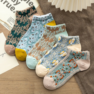Women's Socks, Retro British Style, Floral Low-Cut Short Socks, Palace Hong Kong Style Embossed Ethnic Style Boat Socks, Popular Hong Kong Style