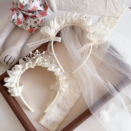 New Lolita Princess Lace Pearl Diamond Crown Children's Birthday Party Veil Headdress Hair Accessories Headband