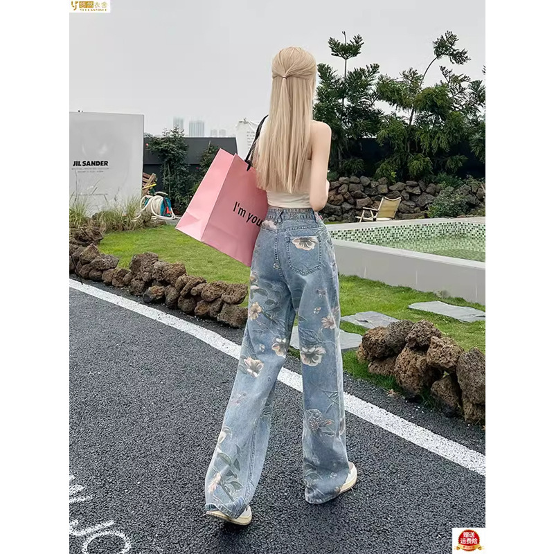 Floral Wide Leg Jeans Women's chubby girl Spring and Autumn plus size High Waist Design Sense Niche Printed Straight Trendy Trendy Pants Floral Wide Leg Jeans Women's chubby girl Spring and Autumn plus size High Waist Design Sense Niche Printed Straight Trendy Trendy Pants