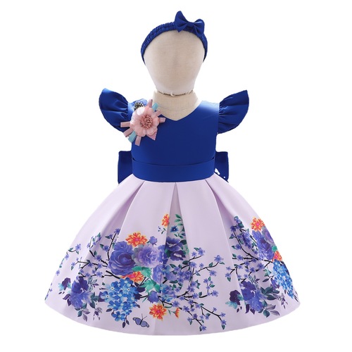 Amazon's new forged fabric printed princess dress for girls' first birthday party dress wholesale, with headband