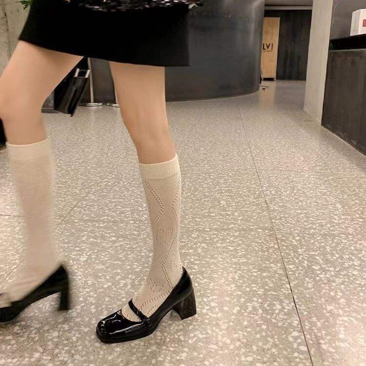 2025 Spring Versatile Brown Patent Leather Retro Sweet Mary Jane High Heels Black Square Toe Shallow Mouth Chunky Heel Pumps
