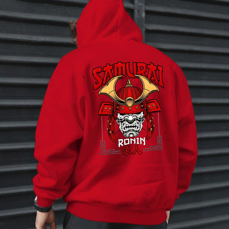 Men's loose-fitting, casual, samurai helmet-inspired, Prajna mask design, large print on the back, samurai-style apricot-colored hooded sweatshirt