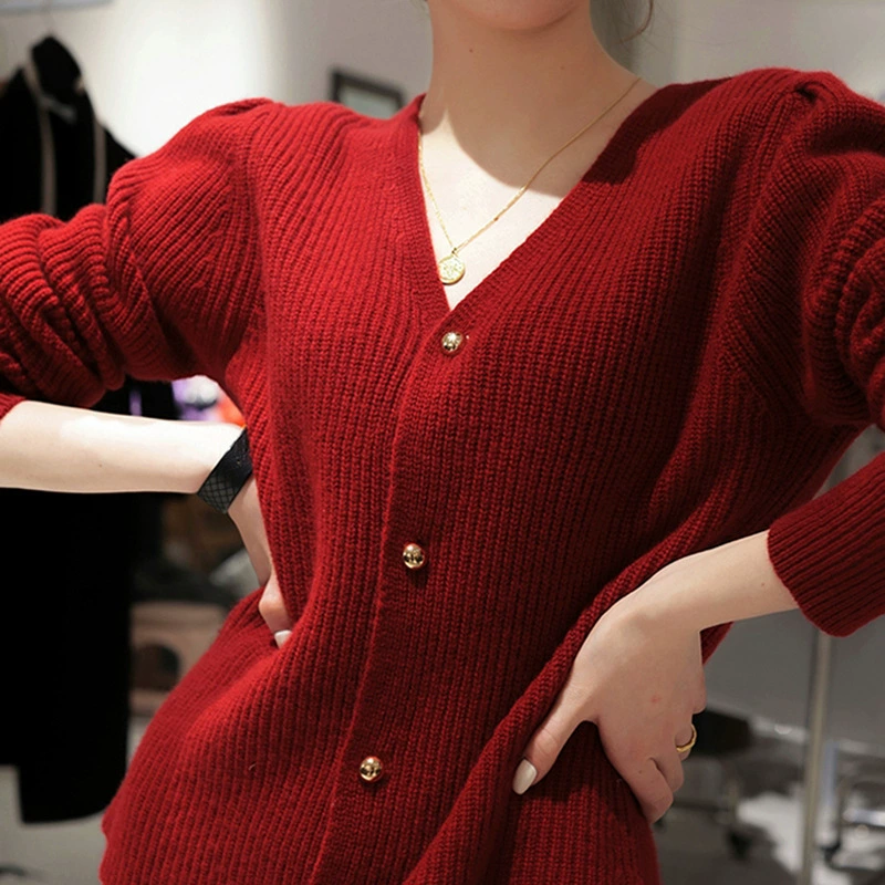 UM, новый женский облегающий вязаный кардиган, простой Универсальный свитер с V-образным вырезом, топ из чистой шерсти, женский шерстяной свитер