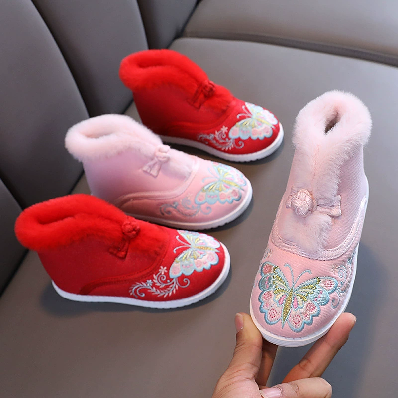 Обувь Hanfu обувь с вышивкой для девочек ботильоны в китайском стиле, осенне-зимняя детская Новогодняя обувь на флисовой подкладке в этническом стиле