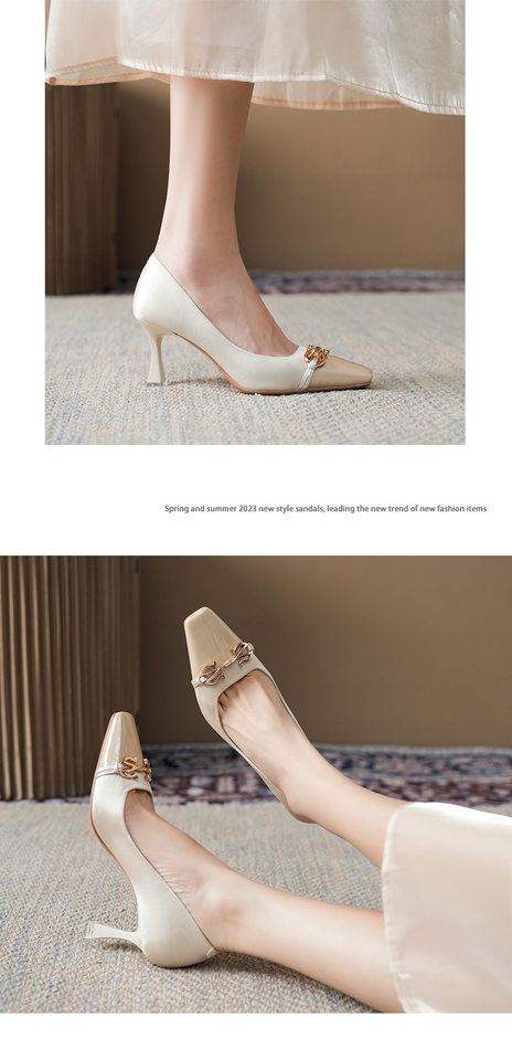 Giày cao gót nữ mũi vuông gót mảnh 6–8 cm phối satin thanh lịch — Màu be, màu đen chi tiết 7