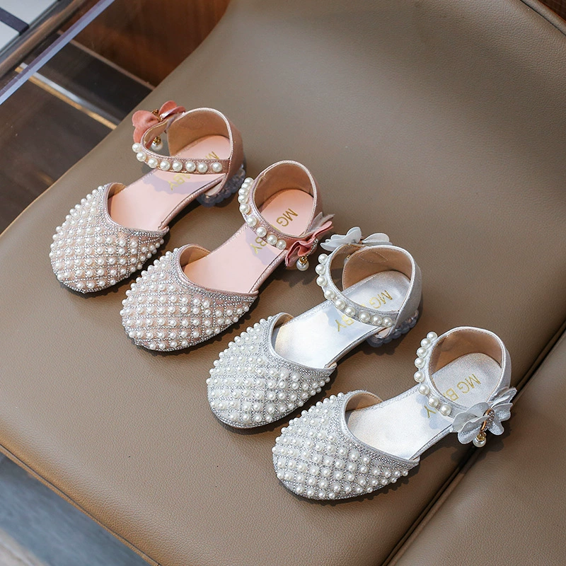 Сладкие жемчужные блестки для девочек Принцессы туфли на толстом каблуке детские босоножки