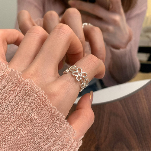 Flower plain silver zircon open ring women's niche design high-end index finger ring simple cold style ring wholesale
