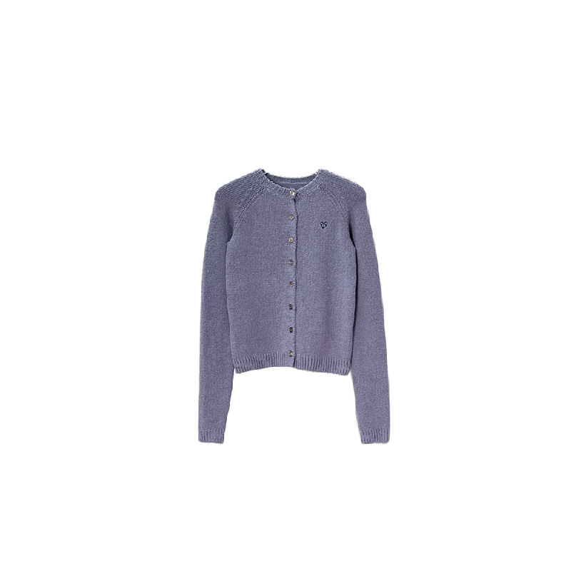 High-Quality Light Purple Round-Neck Knit Cardigan with Gentle Style and Heart Embroidery, Short Slim-Fit Long-Sleeve Outerwear