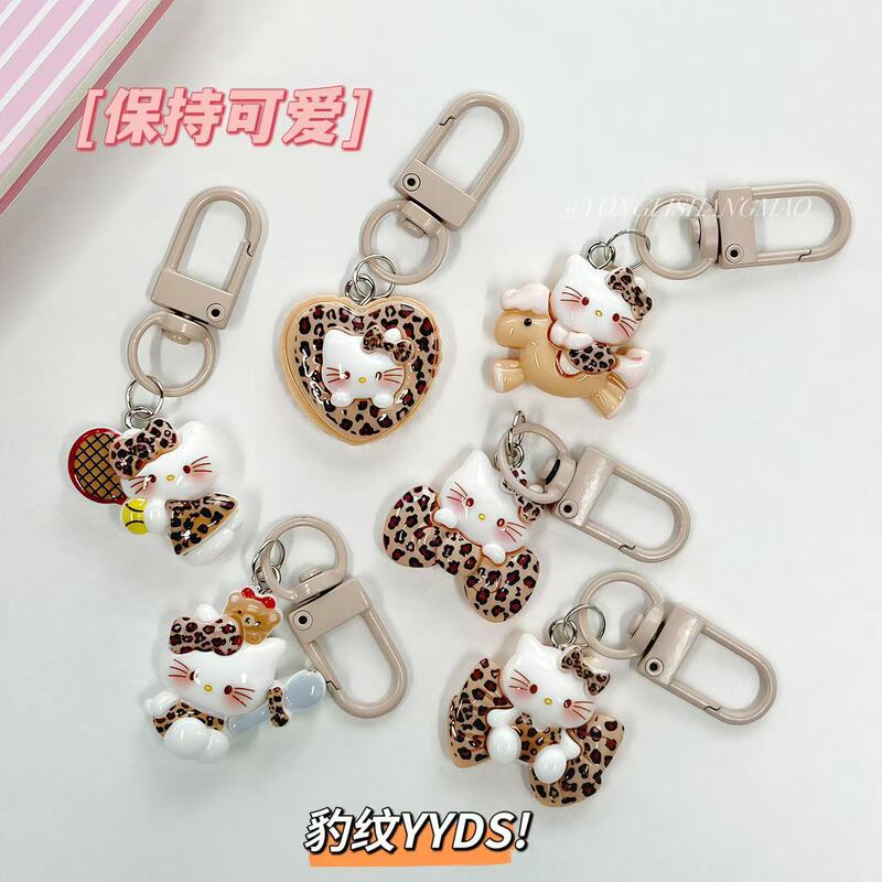 Cute Cartoon Leopard Print Bow Kt Cat Keychain Pendant Tennis Racket Kitten Bag Pendant Small Gift for Girls