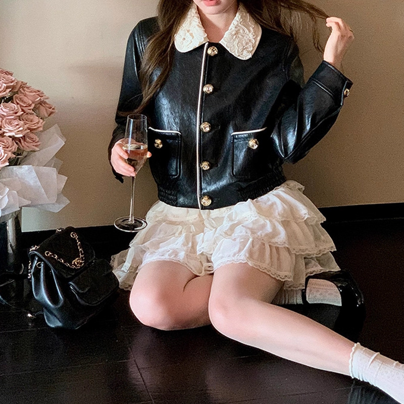 miu系千金风娃娃领环保皮衣女短款夹克小香外套小个子穿搭上衣潮|undefined