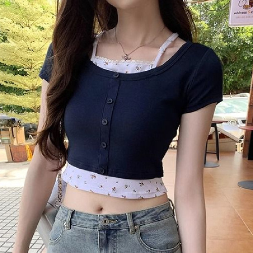 Sweet and spicy small floral front shoulder short-sleeved t-shirt women's summer 2025 new front shoulder fake two-piece slim slimming short top