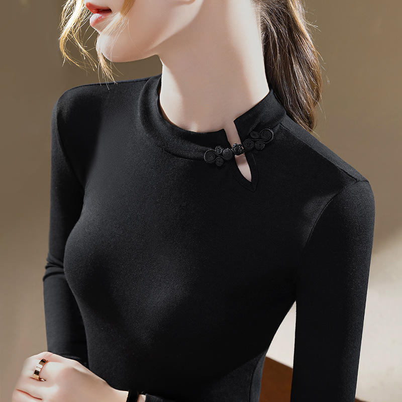 Camisa de fondo de cuello redondo para mujer 2023 nueva mujer europea retro hebilla de manga larga Camiseta elástica Cintura interior apretado top