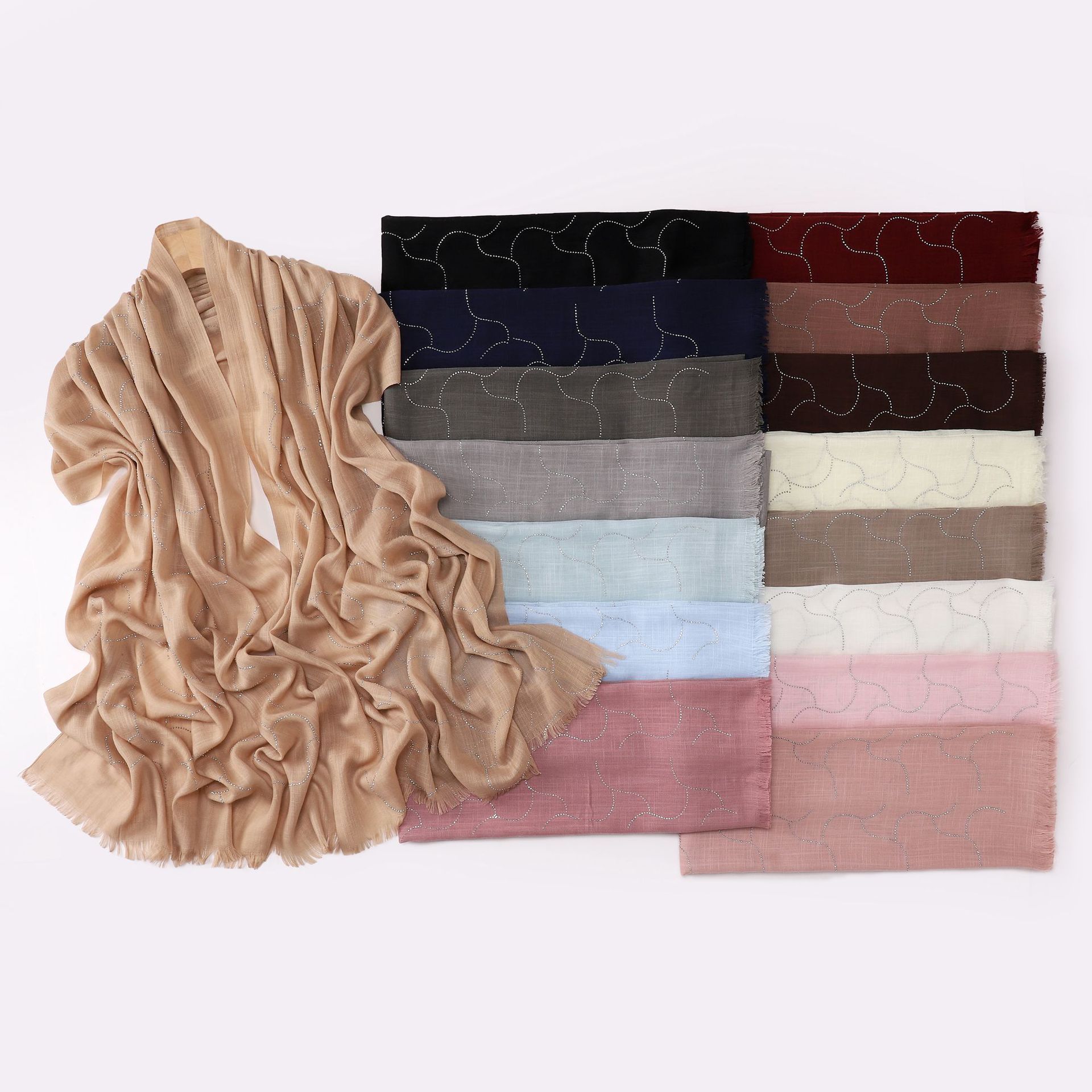 Soft Cotton-Linen Single-Color Bamboo Yarn Short Fringe Glass Rhinestone Long Scarf Ethnic Scarf Malaysian Headscarf