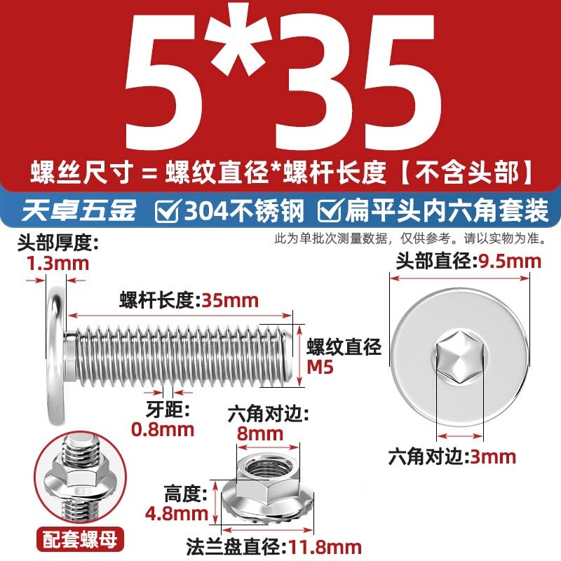304不锈钢CM大平头超薄头C头扁平头内六角螺丝钉法兰边螺母套装M5|undefined