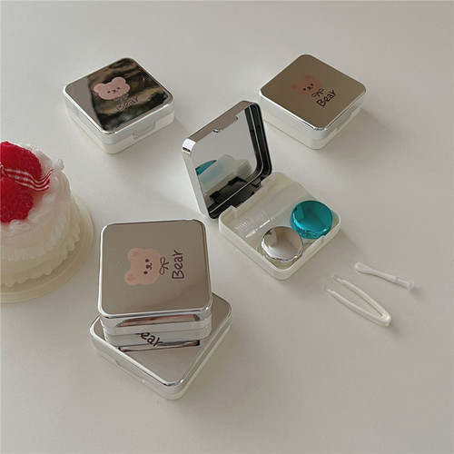 Cute cartoon electroplated mirror bear contact lens box with tweezers portable contact lens box cleaning box companion box