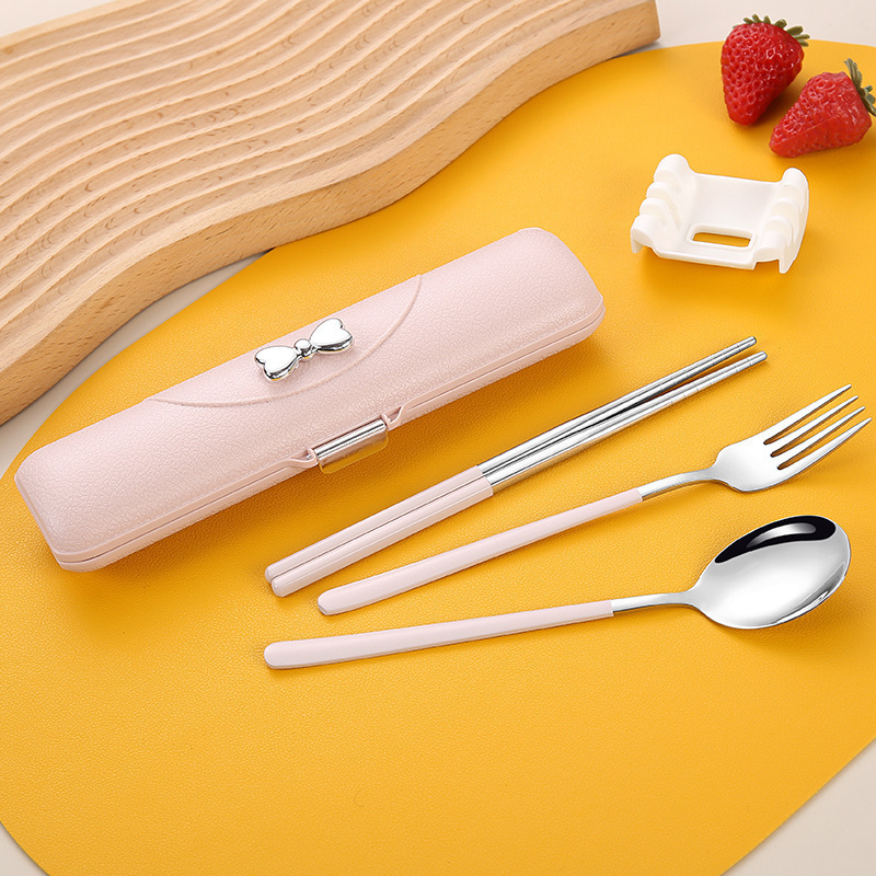 304 ステンレス鋼の便利な食器蝶結び模造革スプーン、フォーク、箸 3 点セット屋外学生ギフトセット|undefined