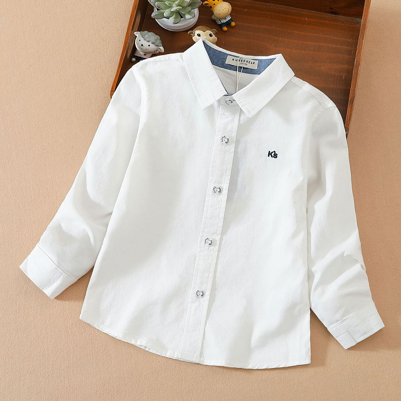 Boys' White Shirt Spring and Autumn Thin Korean New Product Zhongda Children's Solid Color Long Sleeve School Uniform Shirt Children's Top Trendy