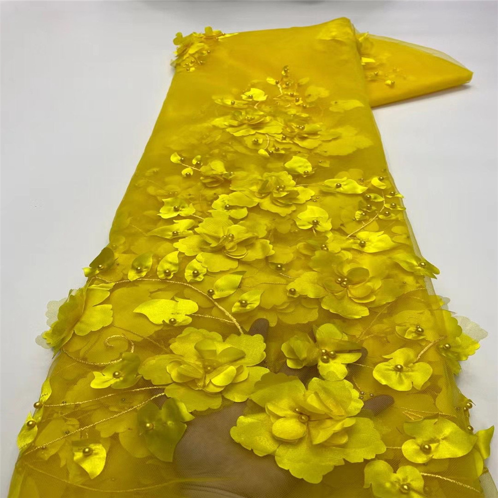 3D bordado tela de malla hecha a mano con cuentas tridimensional bordado tela primavera y verano ropa vestido de tela en stock venta al por mayor