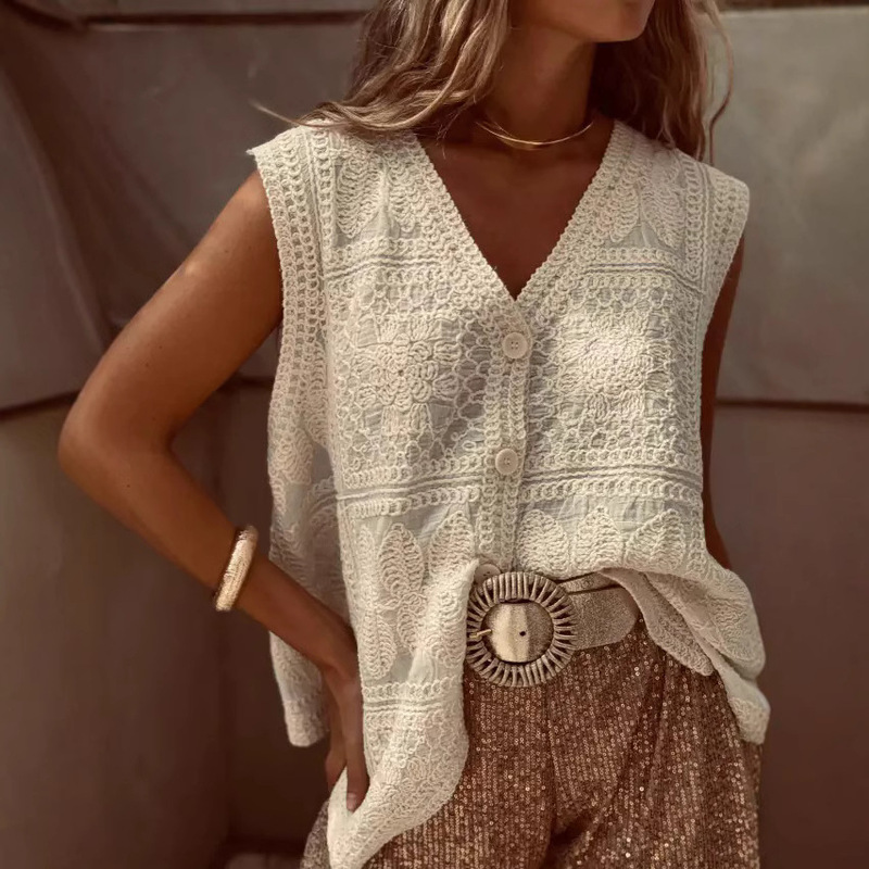 Cross-border Artistic Slim Embroidered Lace Vest Women's New Casual Style Blouse Elegant Top Cross-border Artistic Slim Embroidered Lace Vest Women's New Casual Style Blouse Elegant Top