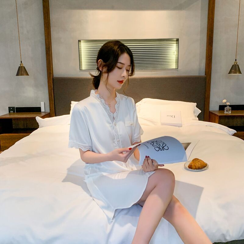 Shirt pajamas women's short-sleeved nightdress lace sexy pure desire online red plus size spring and summer 22 new home wear