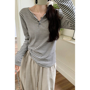 Real Shot of Korean-Style Chic Striped Button Long-Sleeve T-Shirt for Women, New Spring and Autumn Casual Top