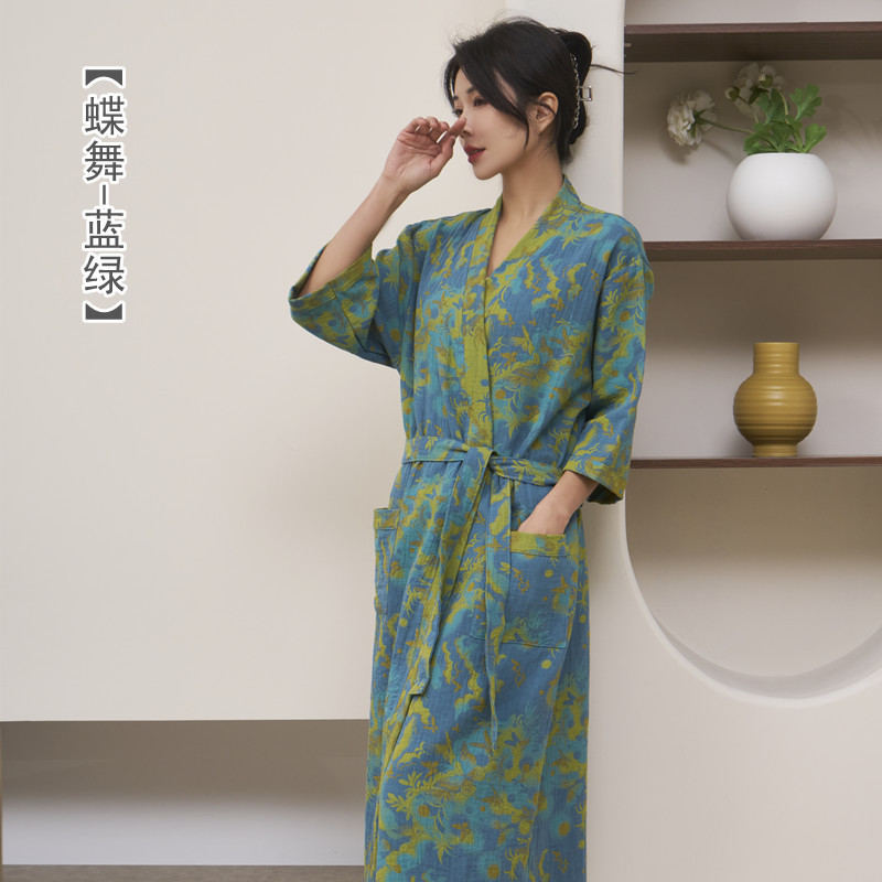 薄款纯棉浴袍色织提花双层纱布国风复古中式浴衣睡衣女吸水可外穿|undefined