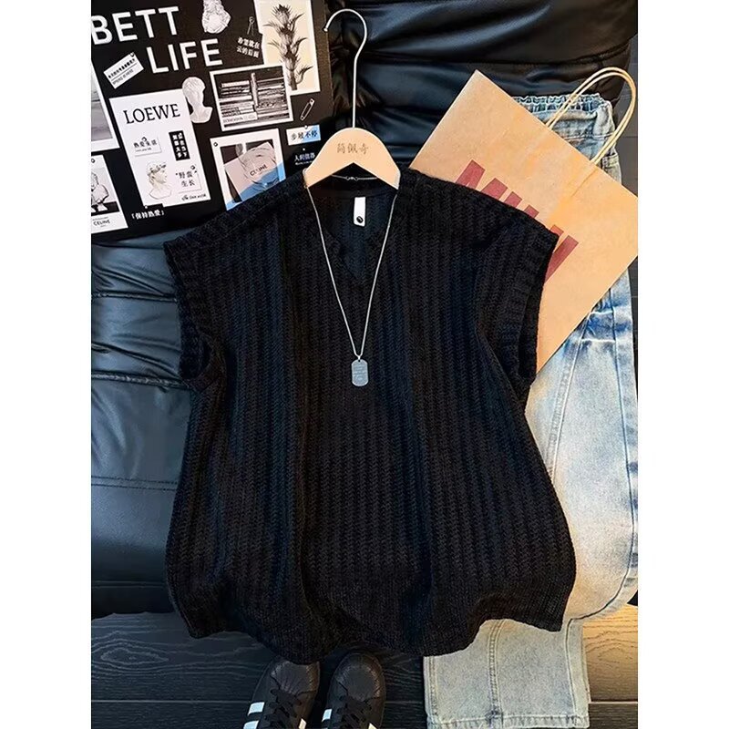 Summer V-Neck Sleeveless Vest for Men with Herringbone Pattern Design, Trendy New Style, Versatile Casual Comfortable Top