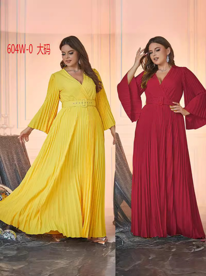 Ropa de talla grande para mujer, comercio transfronterizo europeo y americano, nuevo producto, vestido de manga larga con cuello en V y falda larga elástica, otoño e invierno