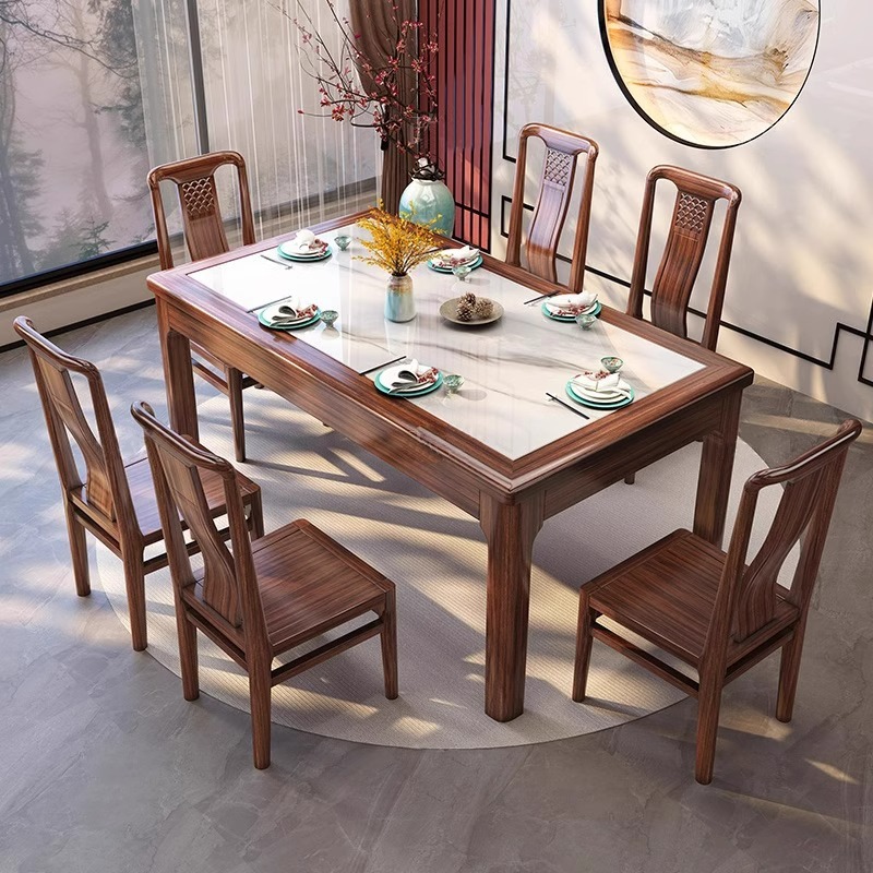 Nueva mesa de comedor de tablero de roca de madera maciza de ébano chino, mesa de comedor de apartamento pequeño para el hogar, mesa de comedor rectangular simple y moderna, mesa de comedor y silla