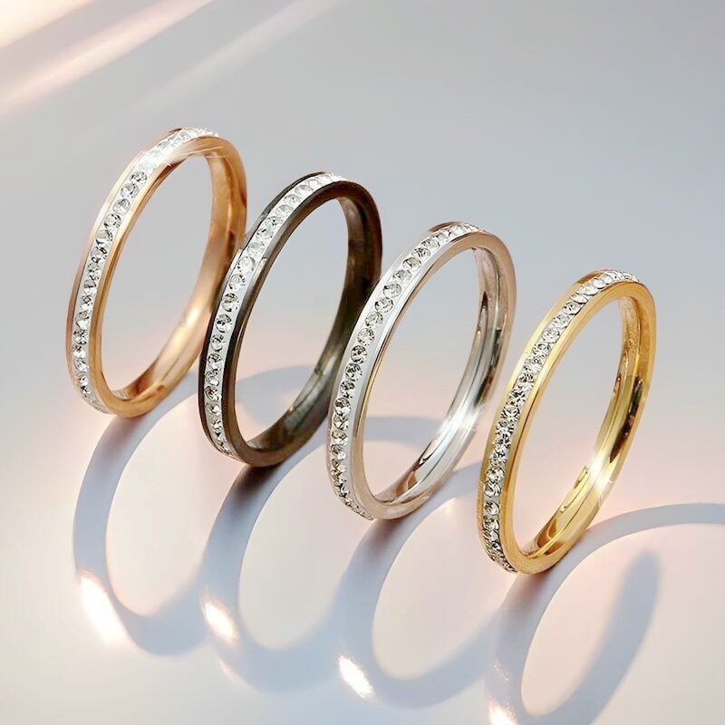 韩版气质细款单排钻钛钢戒指女 INS高级百搭满钻戒指百搭简约饰品